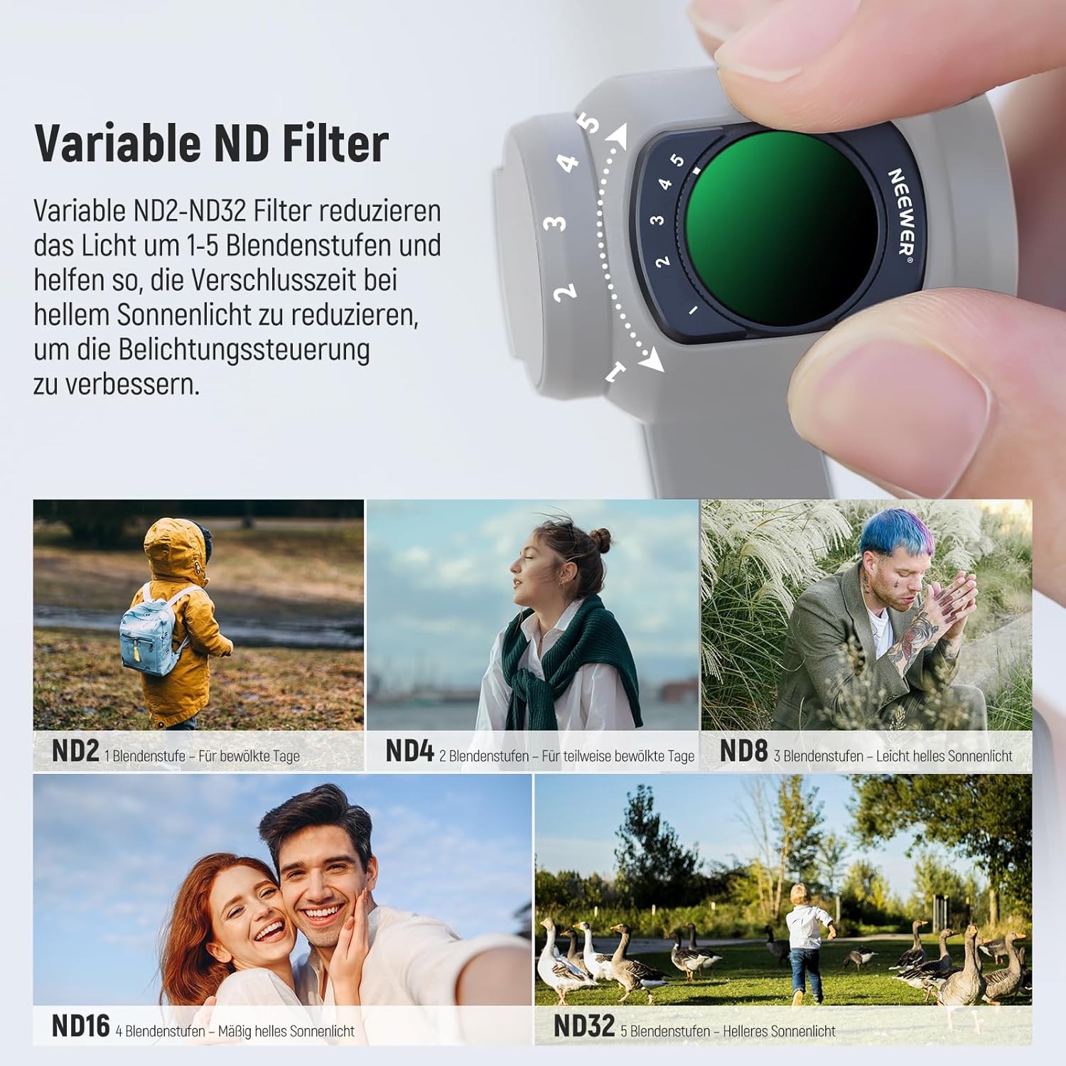 Thumbnail 4 de NEEWER ND-Filter-Set für DJI Osmo Pocket 4/3 Creator Combo: variabler ND2-32, CPL, Black Diffusion & Weitwinkel