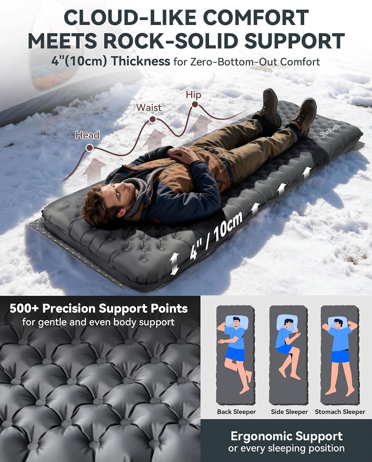 Thumbnail 2 de Hikenture 7.3 R-Value Insulated Sleeping Pad – 210 x 64 cm, 10 cm Thick with Built‑in Foot Pump