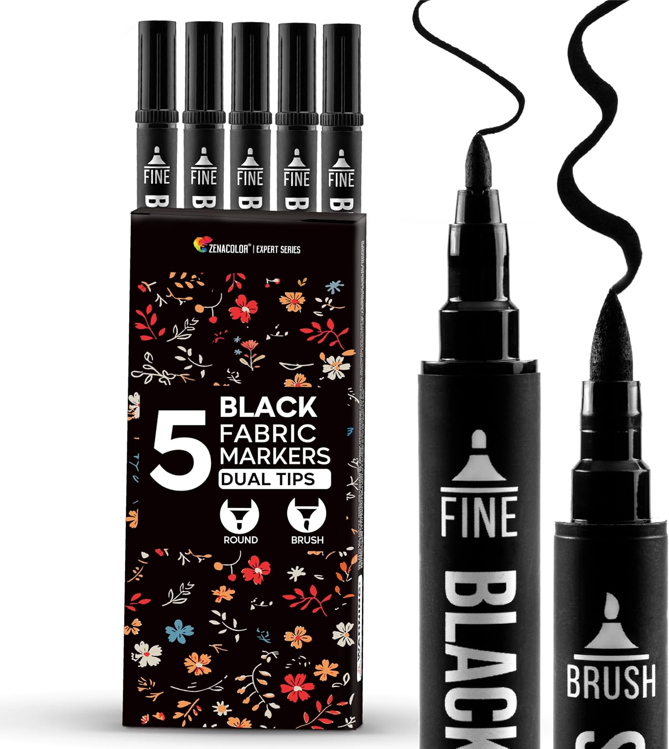 Detalle de Zenacolor Permanent Black Fabric Markers, 5-Pack with Dual Tips