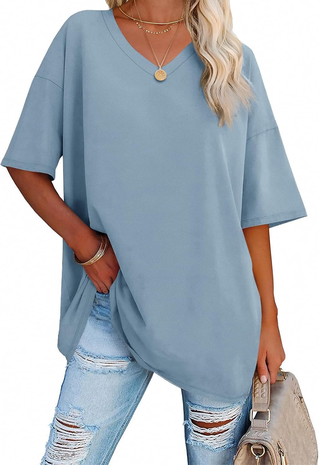 Thumbnail 3 de Ebifin Women's Oversized V-Neck T Shirt – Half Sleeve Cotton Tunic Top