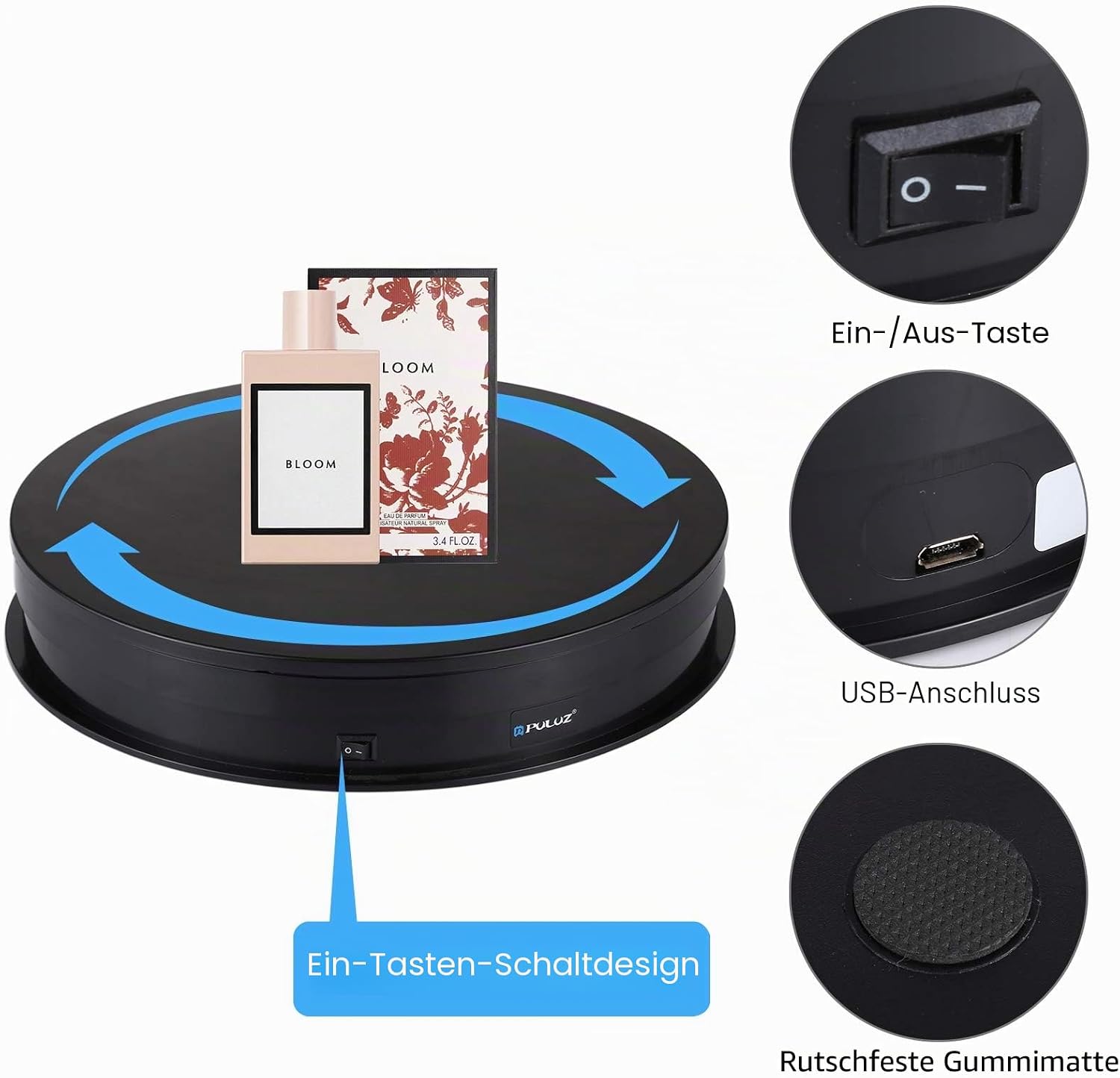 Thumbnail 2 de PULUZ 360 Grad Drehbarer Plattenspieler – 28 cm Drehteller mit Motor, USB-Betrieb