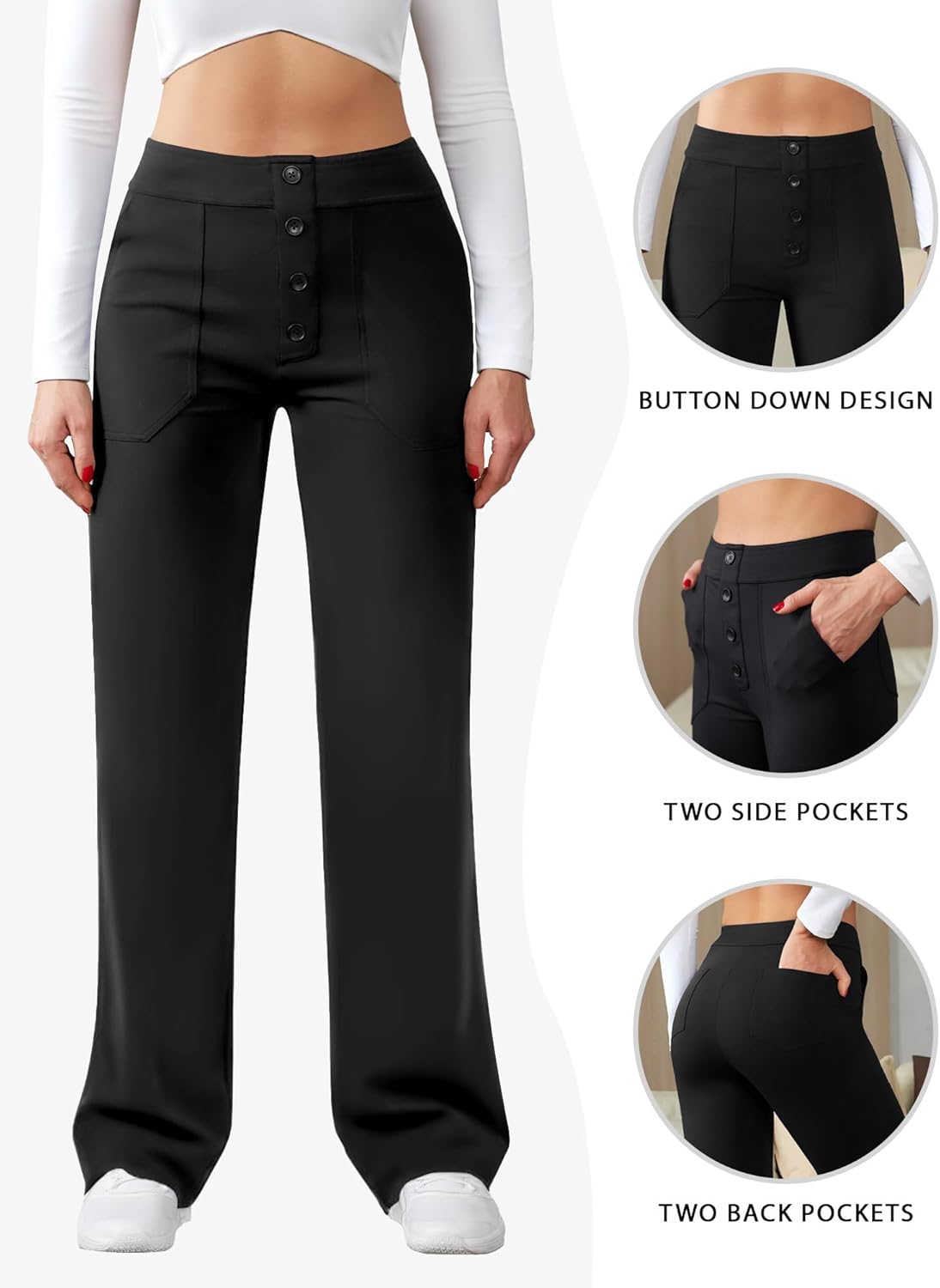 Detalle de Friptspyg Damen High-Waist-Hose mit weitem Bein, Knopf und Stretch – casual & Arbeit, mit Taschen
