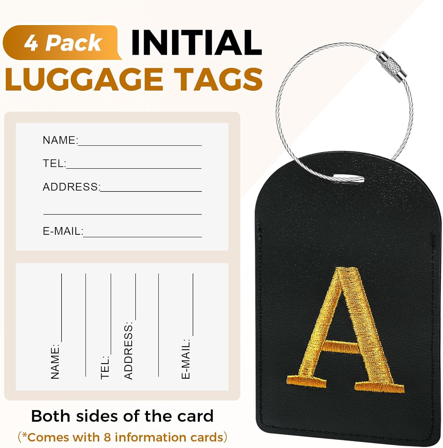 Thumbnail 4 de Gloppie 4 Pack Initial Luggage Tags for Suitcases – Embroidered Monogram, TSA Privacy, Black