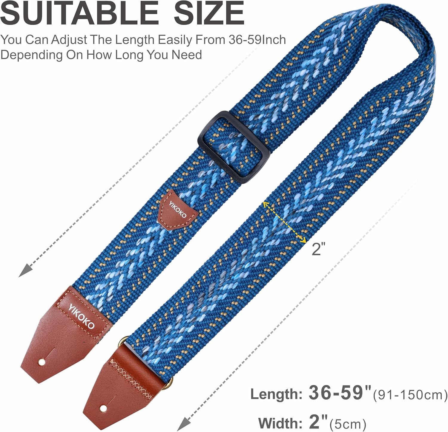 Detalle de YIKOKO Gitarrengurt 5,1 cm aus Baumwolle mit Vollnarbenlederenden – für Bass, E‑Gitarre und Akustik