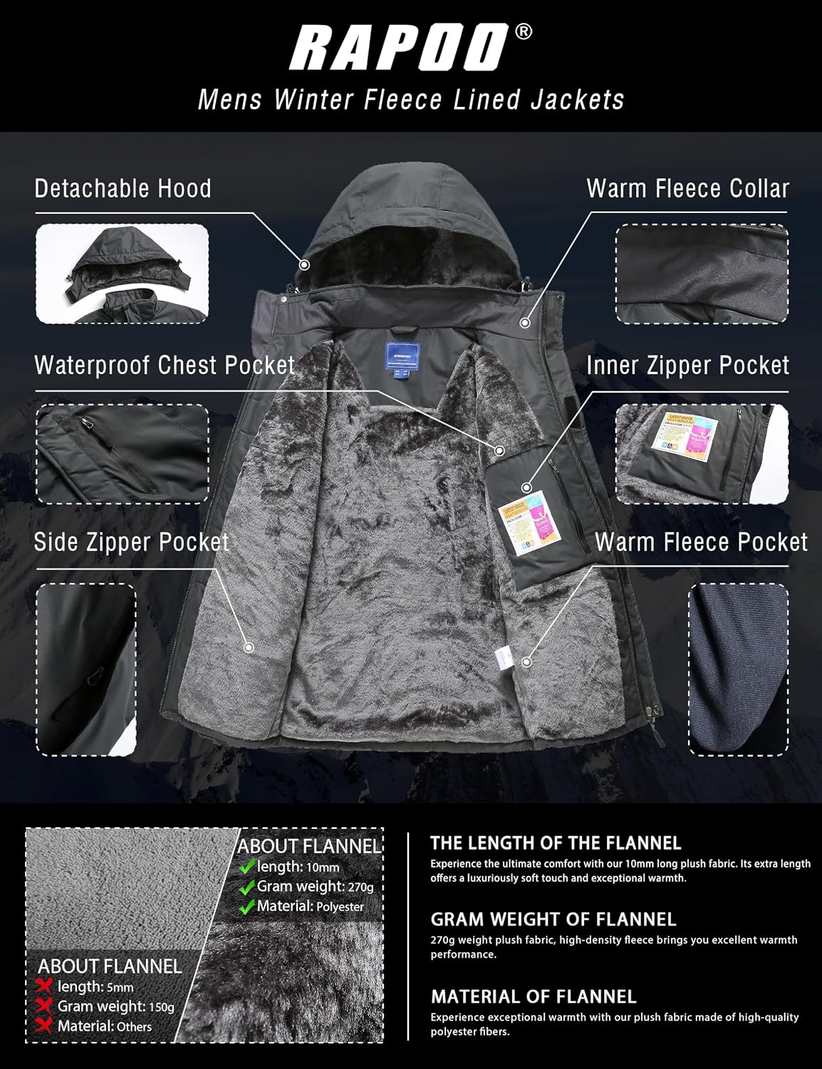 Detalle de Rapoo Winterjacke Herren Ski mit Fleece-Futter