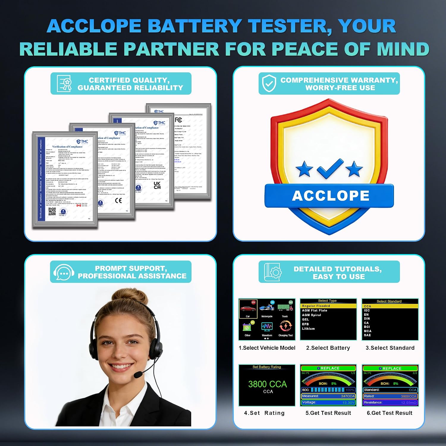 Detalle de Acclope BT90 PRO: Tester per batteria 6V/12V/24V con cloud e diagnostica avanzata