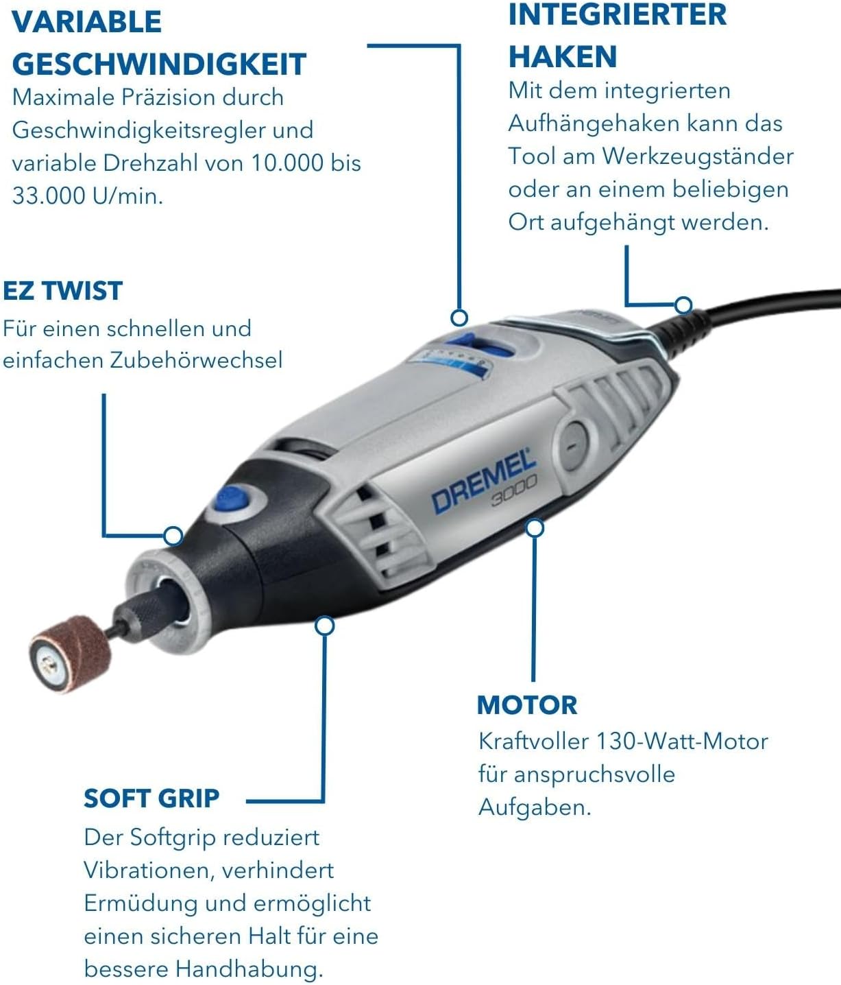 Thumbnail 2 de Dremel 3000 Multifunktionswerkzeug 130 W Set (15 Zubehörteile) – variable Drehzahl 10.000 bis 33.000 U/min