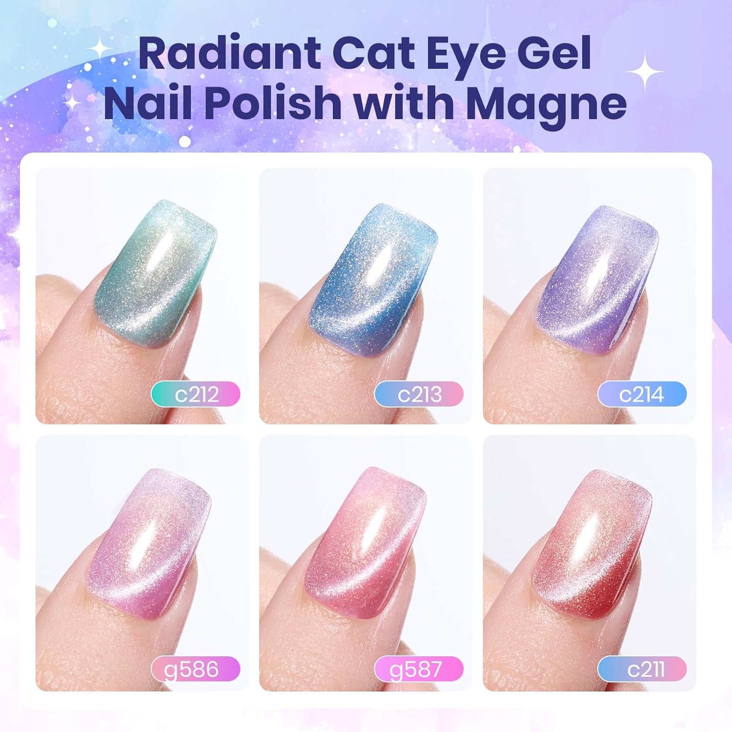 Detalle de Beetles Romantic Galaxy Cat Eye Gel Nail Polish Set (6 Colors) — UV/LED Glitter & Velvet Magnet Finish