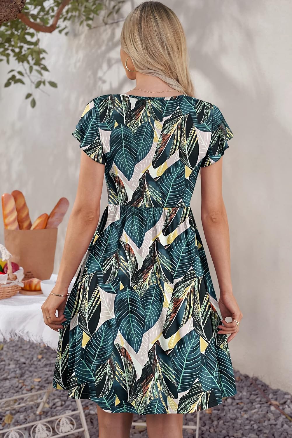 Detalle de MOLERANI Damen Sommerkleider Rüschen Ärmel V-Ausschnitt Midi Kleid mit Taschen – elastischer Taillenschnitt, Größe S–2XL