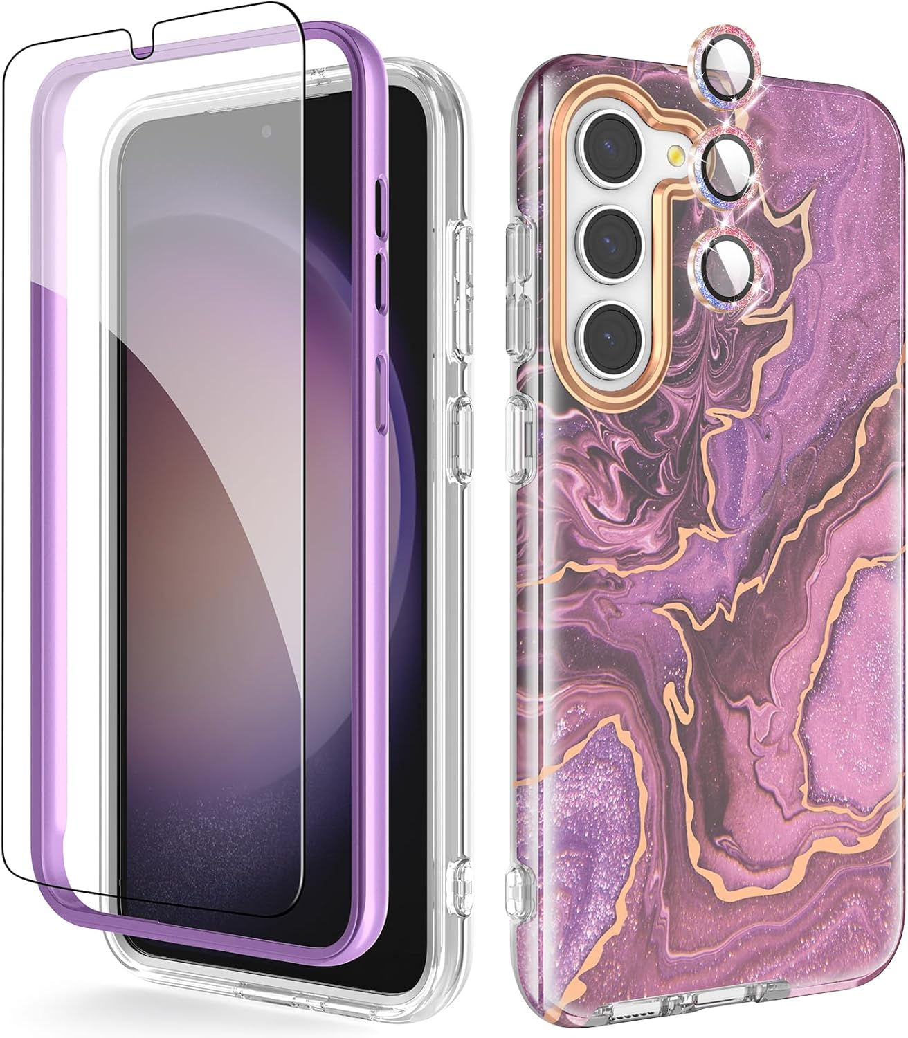 Detalle de Chvelop Hülle für Samsung Galaxy S23 – 360° Schutz mit Schutzfolie, Kristall-Kamera und Marmordesign