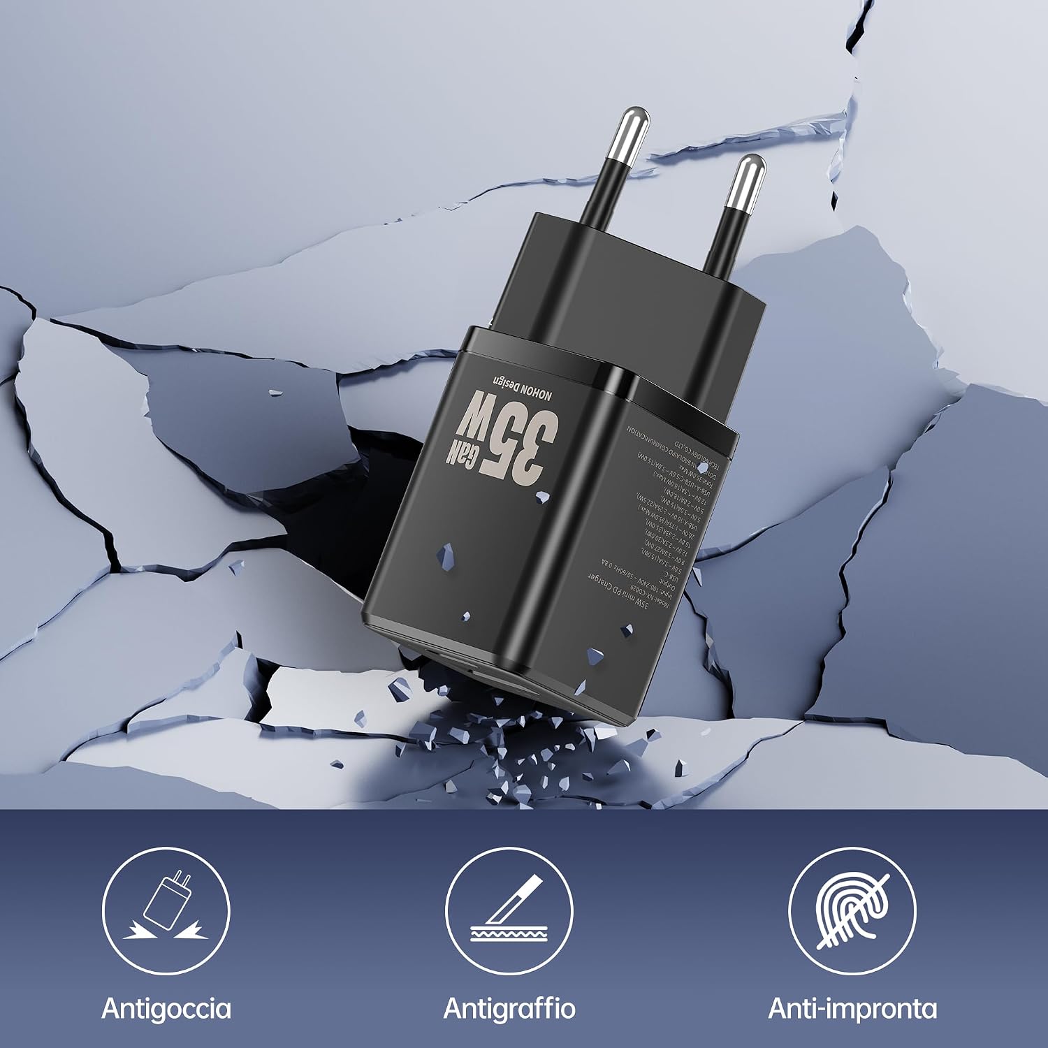 Detalle 2 de NOHON Caricatore USB-C 35W GaN con doppia porta (USB-C + USB-A) e cavo 1 m, PD 3.0