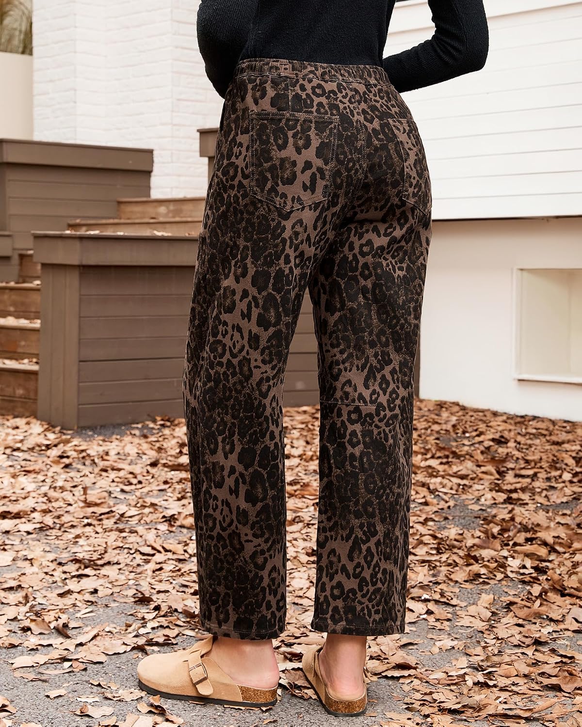 Detalle de GRAPENT Barrel Jeans for Women: High-Waisted Pull-On Leopard Cropped Wide-Leg Denim