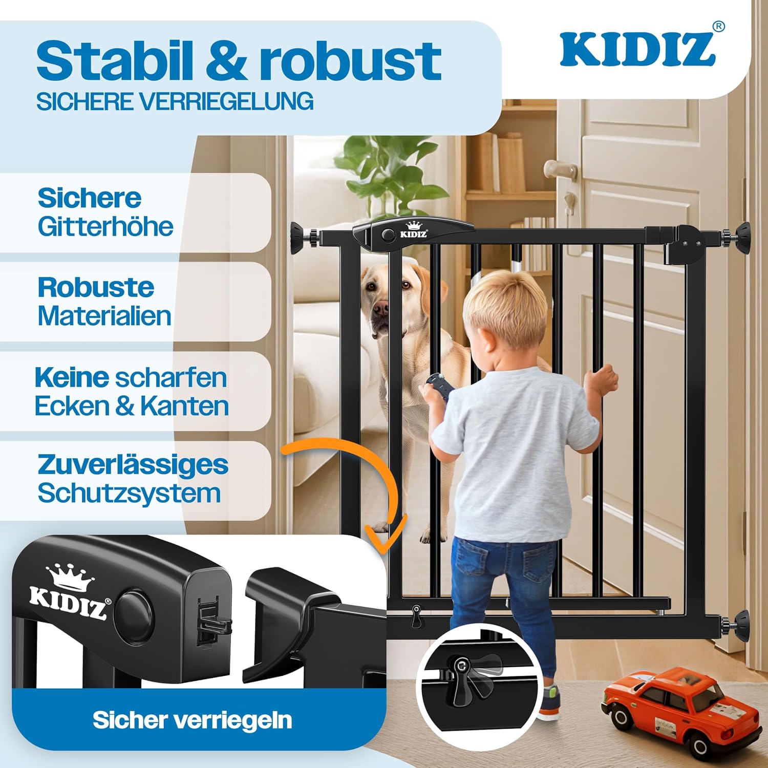 Detalle de KIDIZ Treppenschutzgitter ohne Bohren (verstellbare Breite 102–108 cm, 75 cm hoch) – Schwarz