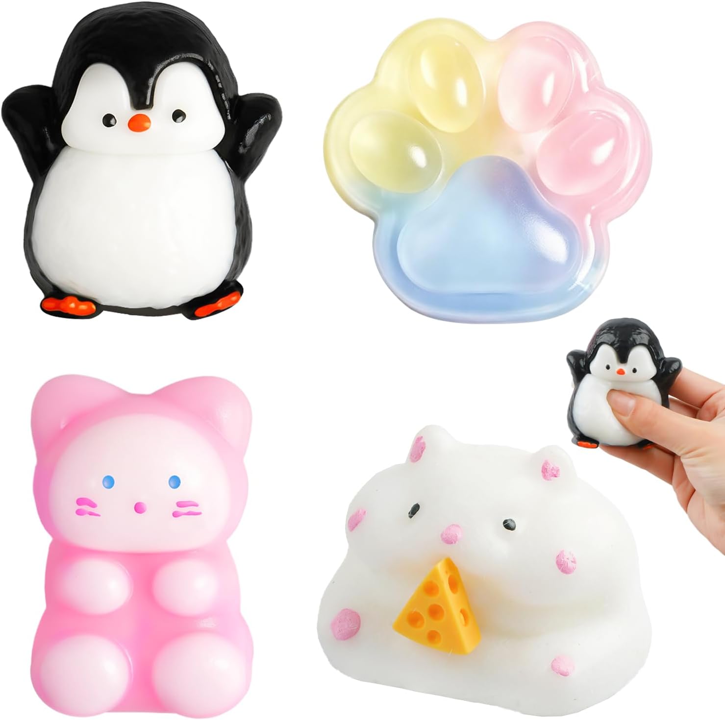 Detalle de Taba Squishy 4-Piece Kit: Cat, Cat Paw, Penguin & Hamster – Stress Relief Fidget Toys