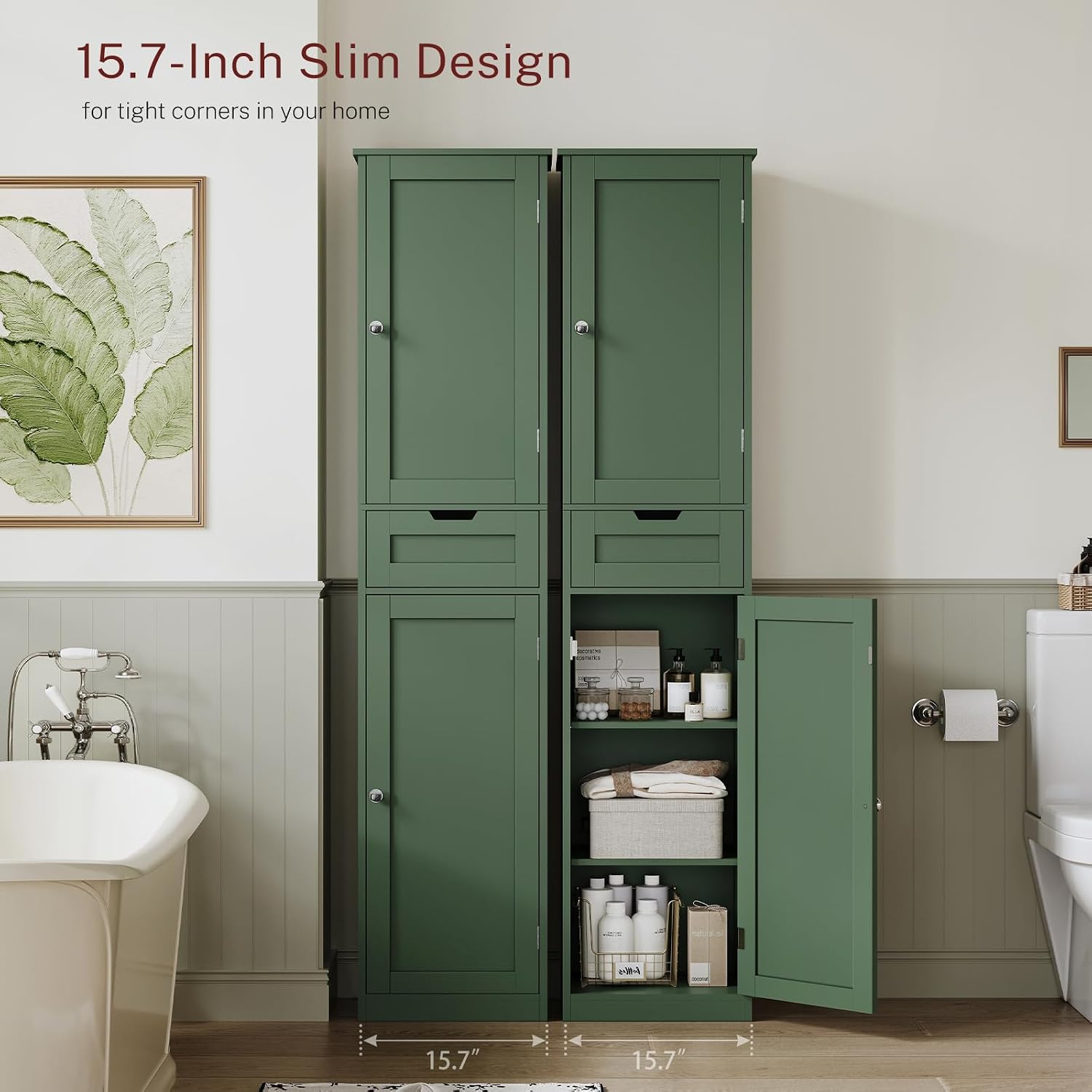 Thumbnail 6 de FIONESO Tall Bathroom Cabinet, 67-inch Green Floor Cabinet with Drawer and Adjustable Shelves