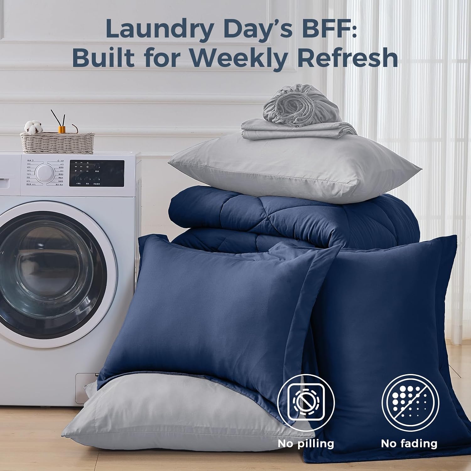 Thumbnail 6 de HEVUMYI Queen Comforter Set - 7-Piece All Season Bed in a Bag (Navy Blue & Light Grey)