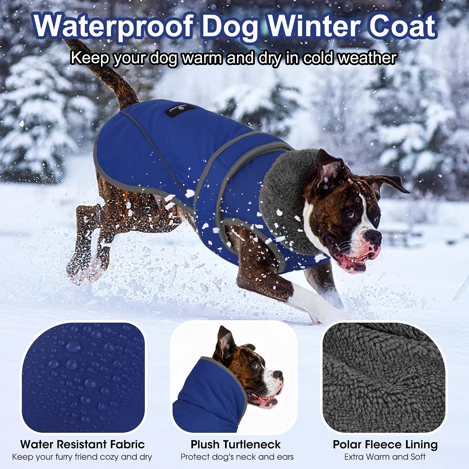 Detalle 2 de Dogcheer MY2008 Dog Winter Coat, Blue Fleece-Lined Reflective Jacket
