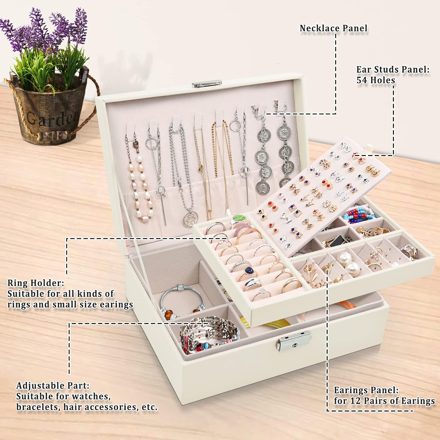 Detalle de Larkumio joyero organizador grande para mujer y niña con doble capa (PU) y llave, blanco