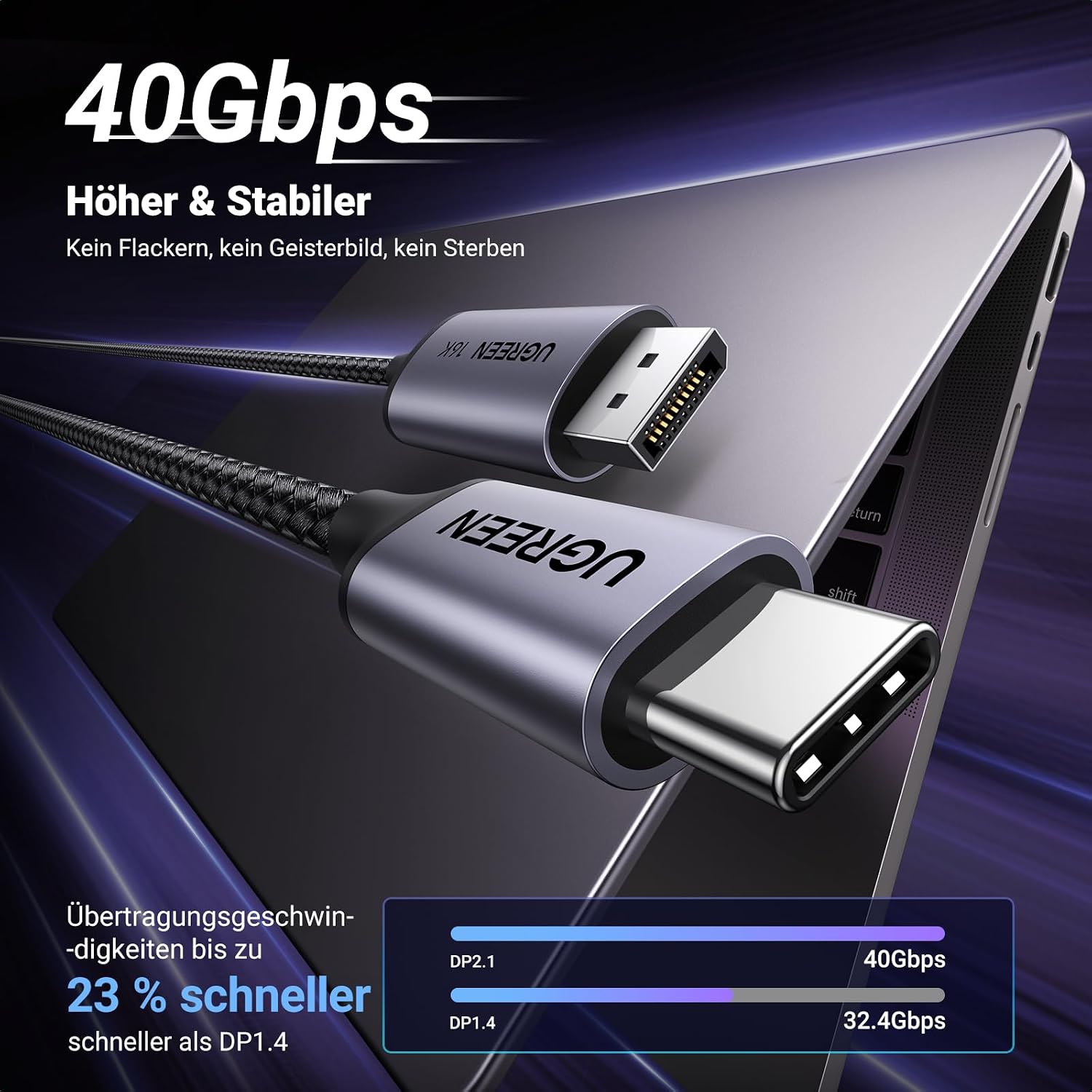 Thumbnail 3 de UGREEN USB C DisplayPort Kabel DP 2.1 – 40 Gbps, 16K/30Hz bis 4K/240Hz, unidirektional