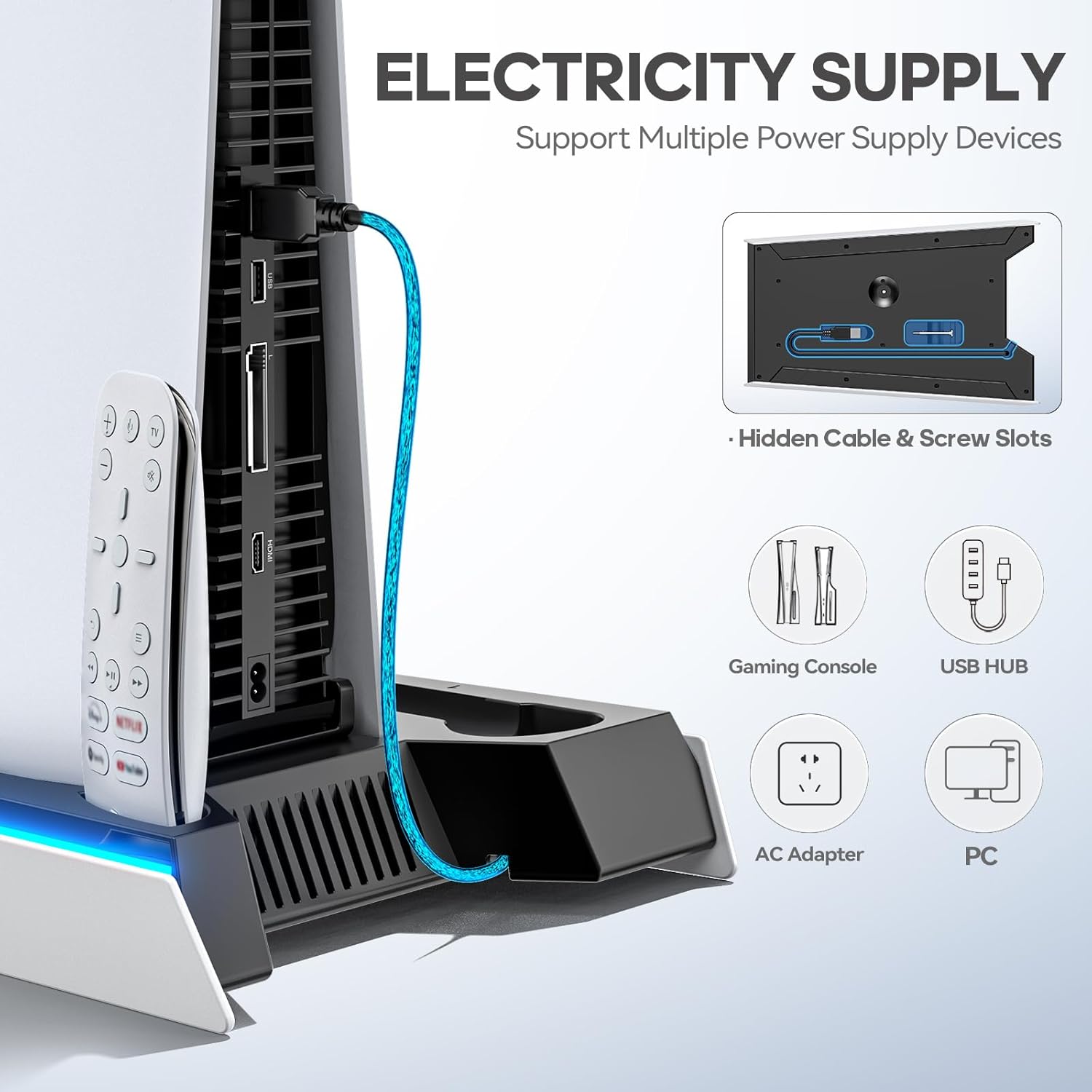 Thumbnail 5 de Soporte para PS5/Pro/Slim y Refrigeración para PS 5 Disc & Digital, Cargador para PS5 & Edge Mando, Ventilador Automático PlayStation 5 de 3 Velociadades 3 USB HUB