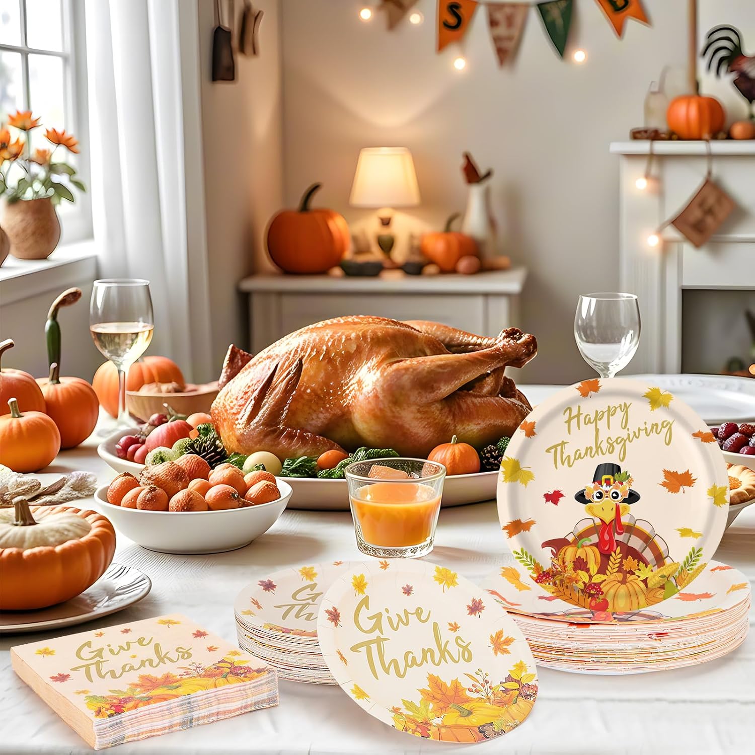 Detalle de PERFQU Thanksgiving Paper Plates and Napkins Set, 150 Pieces, 9- and 7-Inch