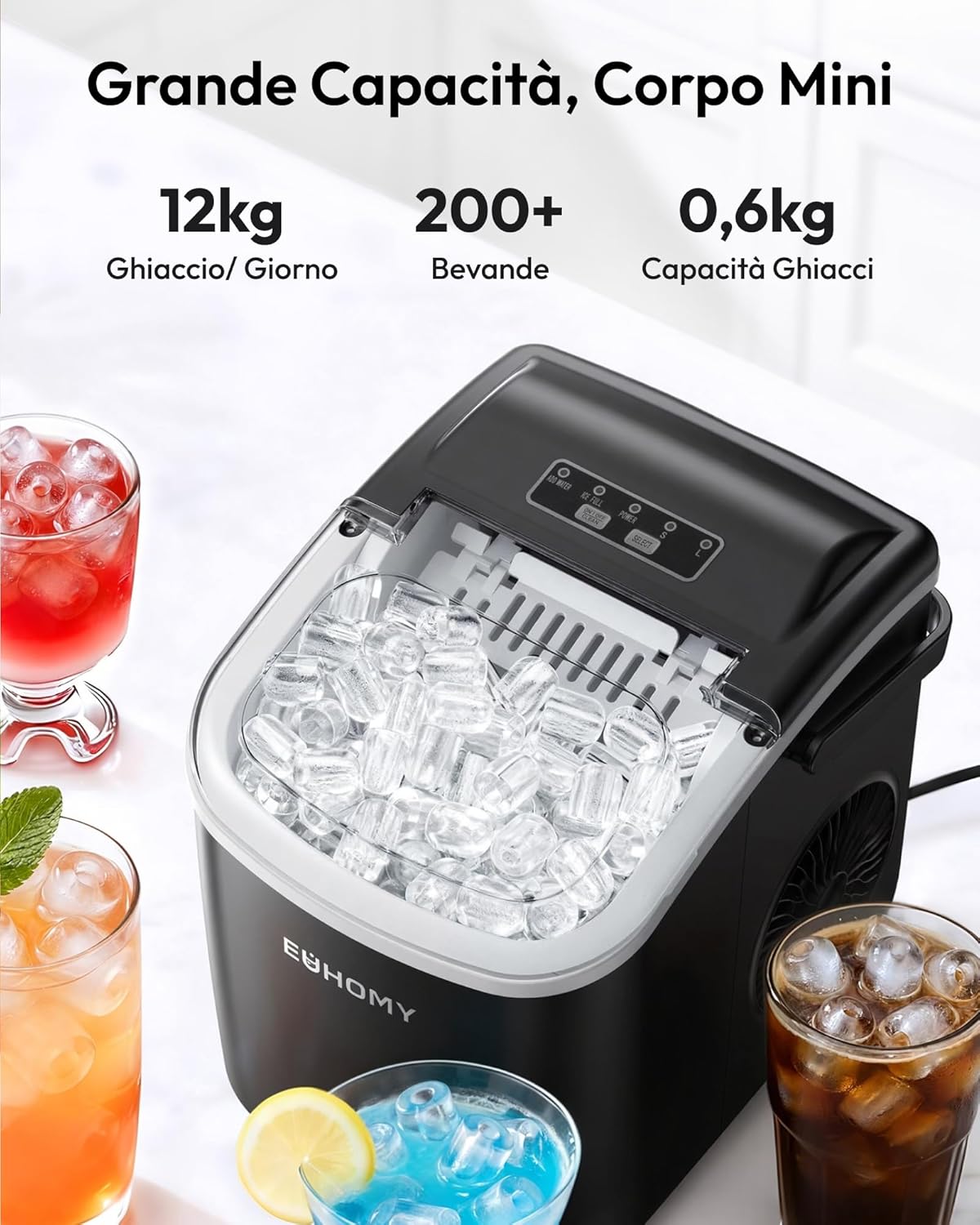 Detalle de EUHOMY Macchina del Ghiaccio 12 kg/24h: compatta, silenziosa e autopulente per casa