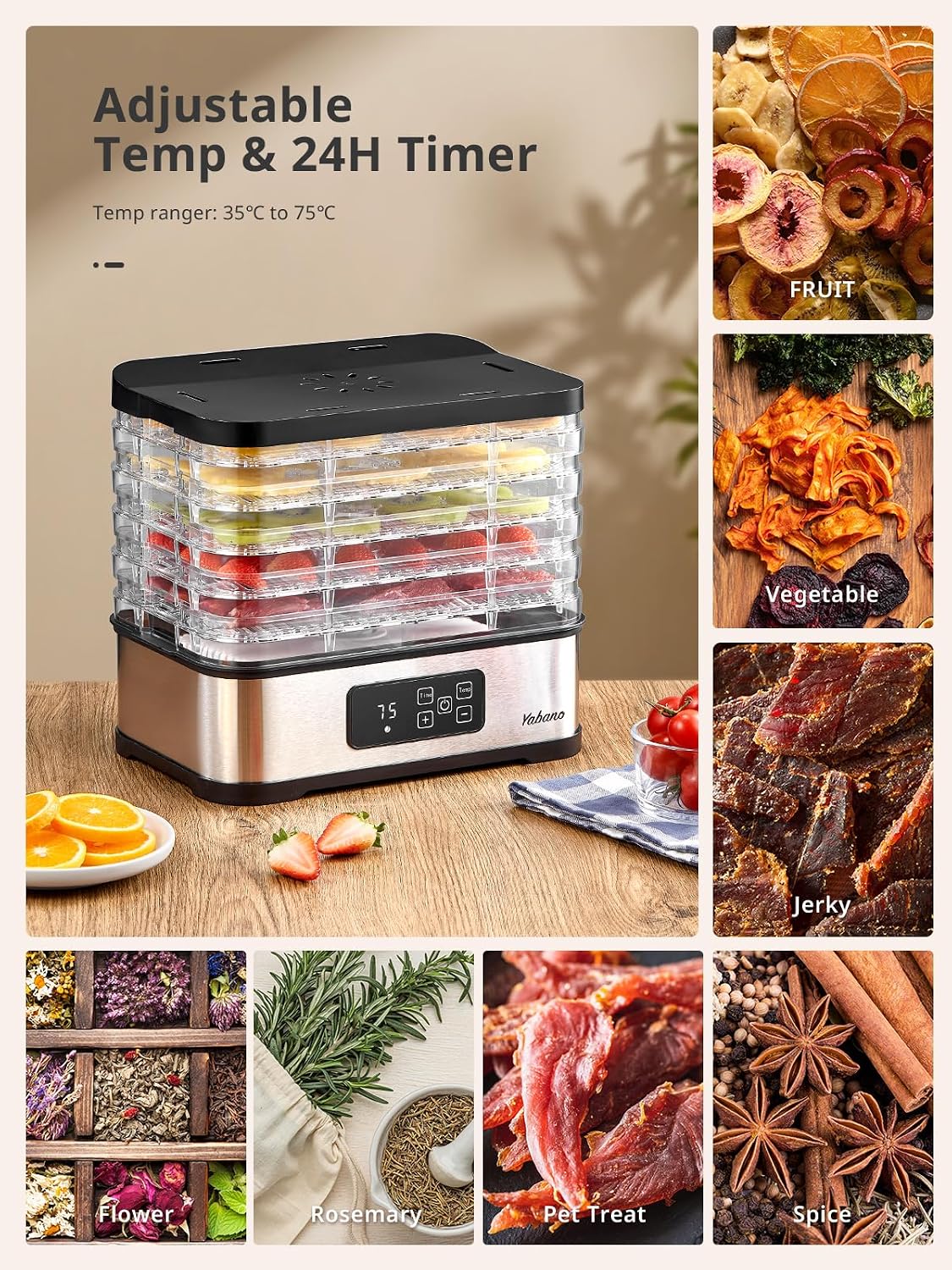 Detalle de Yabano GGJ-300B voedseldroger met 5 BPA-vrije trays en digitale timer