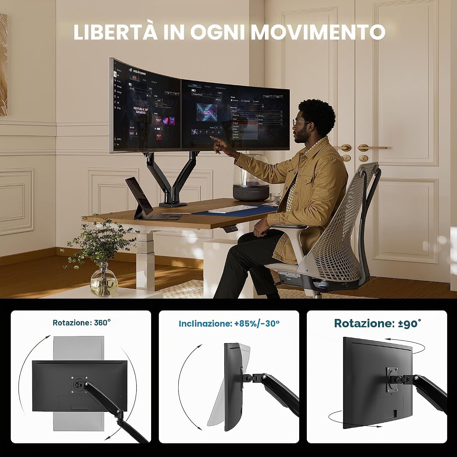Thumbnail 3 de HUANUO Supporto Doppio Monitor 13-40” con Bracci in Alluminio, USB e Morsa doppia HNDS7