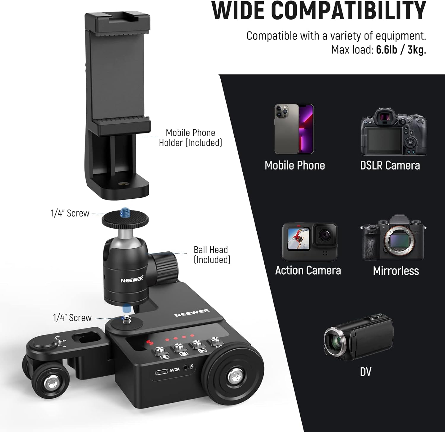 Thumbnail 5 de NEEWER DL200 motorised camera dolly with app control for iOS/Android (tabletop slider, ball head, quiet step motors)