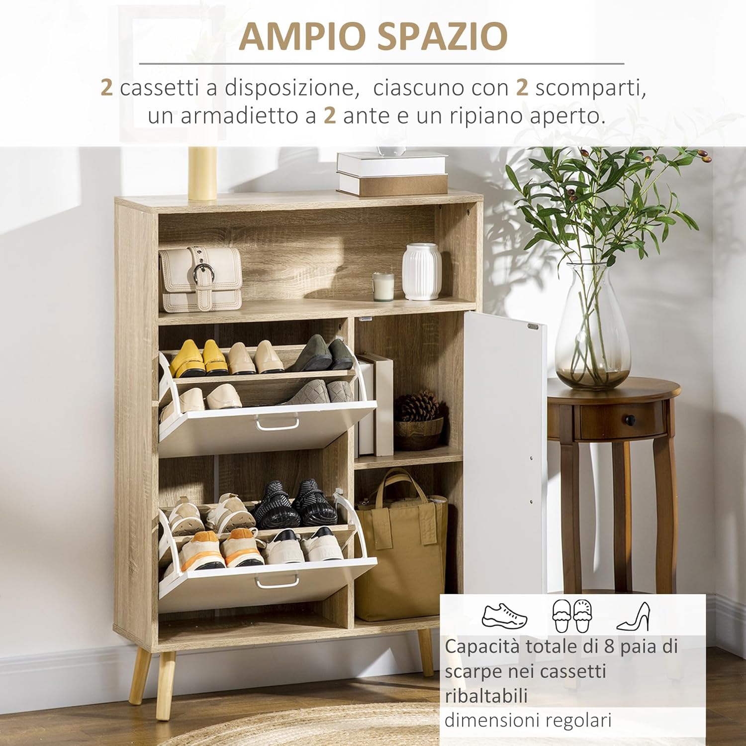 Thumbnail 3 de HOMCOM Meuble à chaussures blanc pour 8 paires, 2 portes et 1 compartiment ouvert, 80 x 25,5 x 112,5 cm