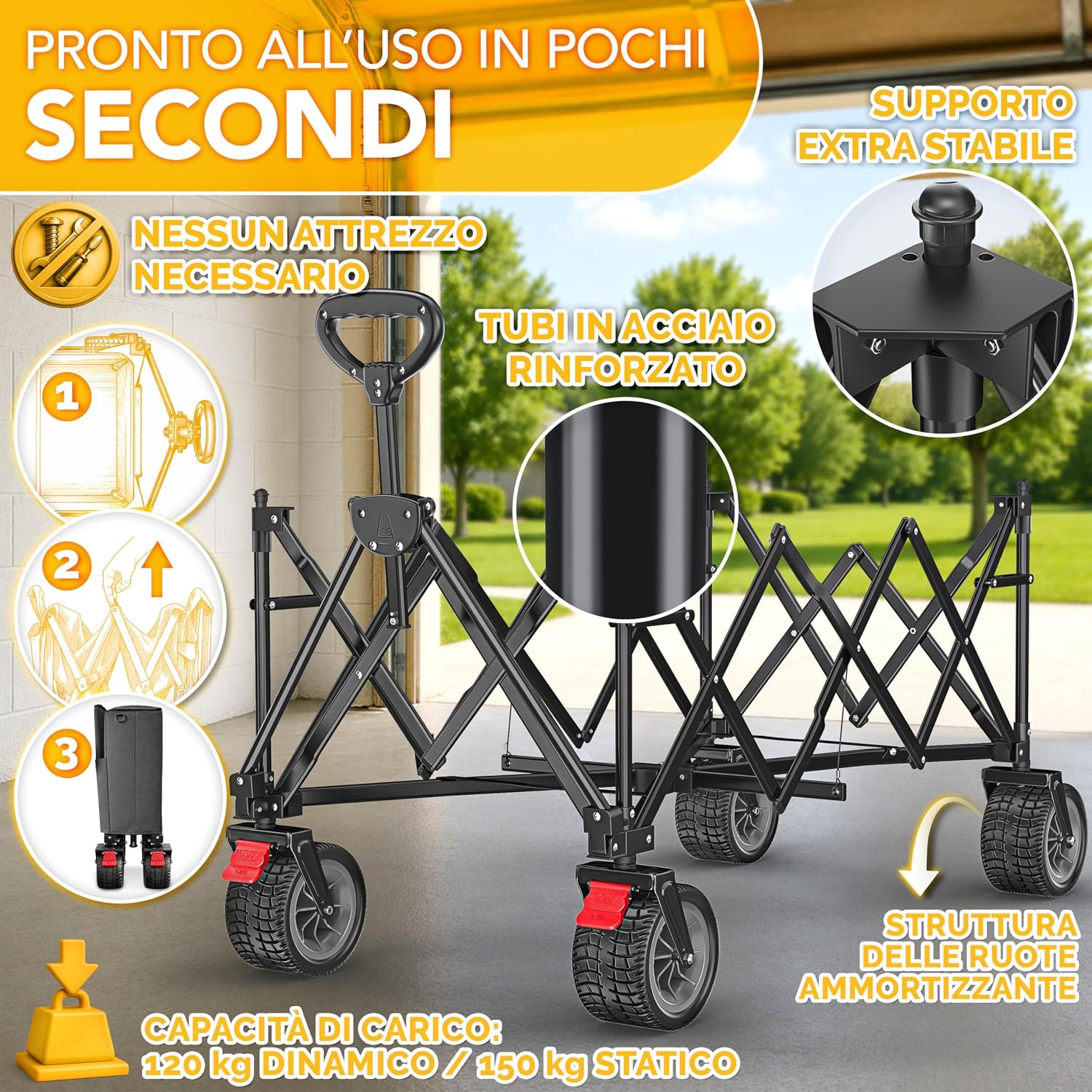Detalle de TRESKO Carrello pieghevole XXL 215 L con freno e pneumatici pieni – versatilità per spiaggia, campeggio e giardino