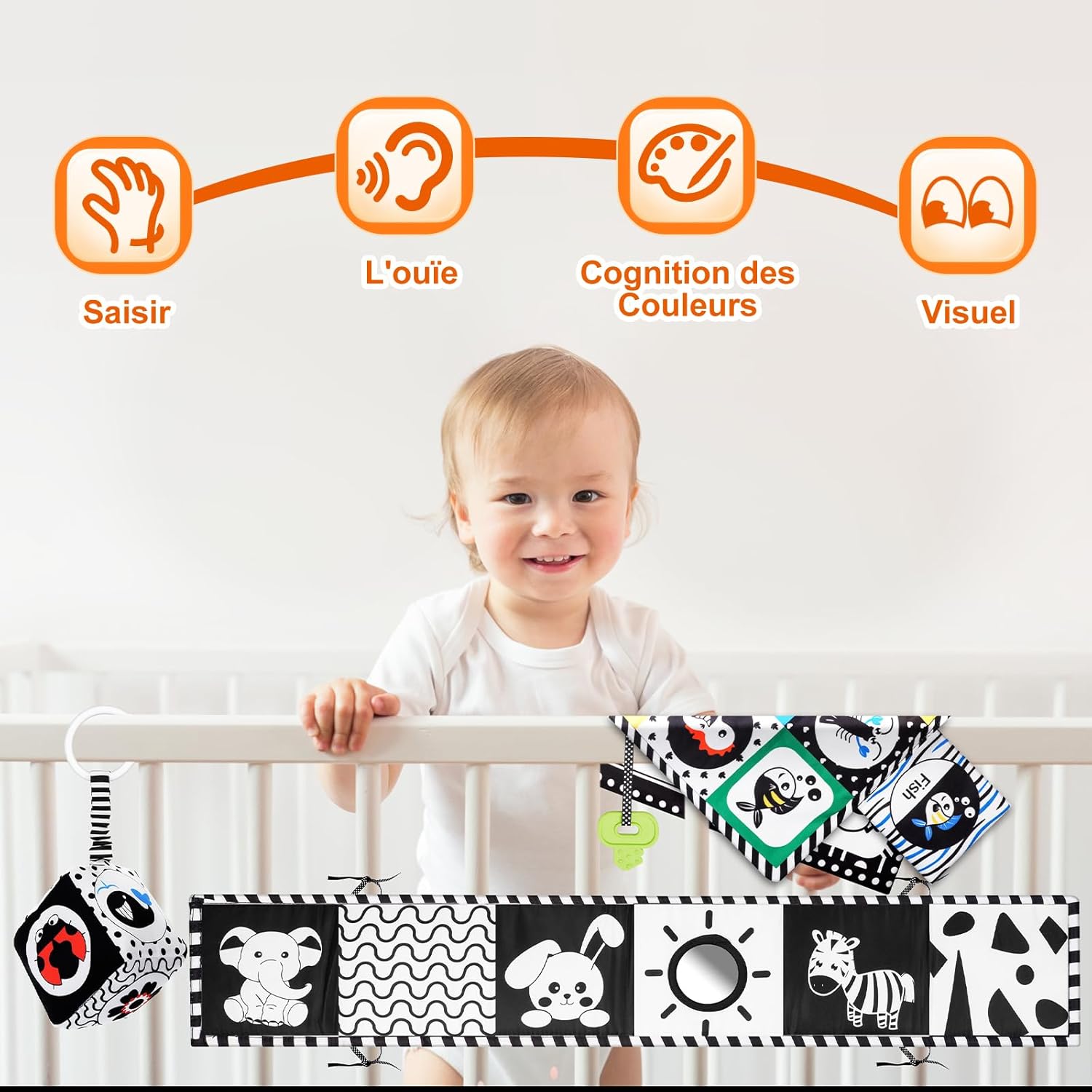 Thumbnail 1 de HappyKidsClub Jouet livre en tissu Montessori noir et blanc + hochet et tapis à froisser (0 à 12 mois)