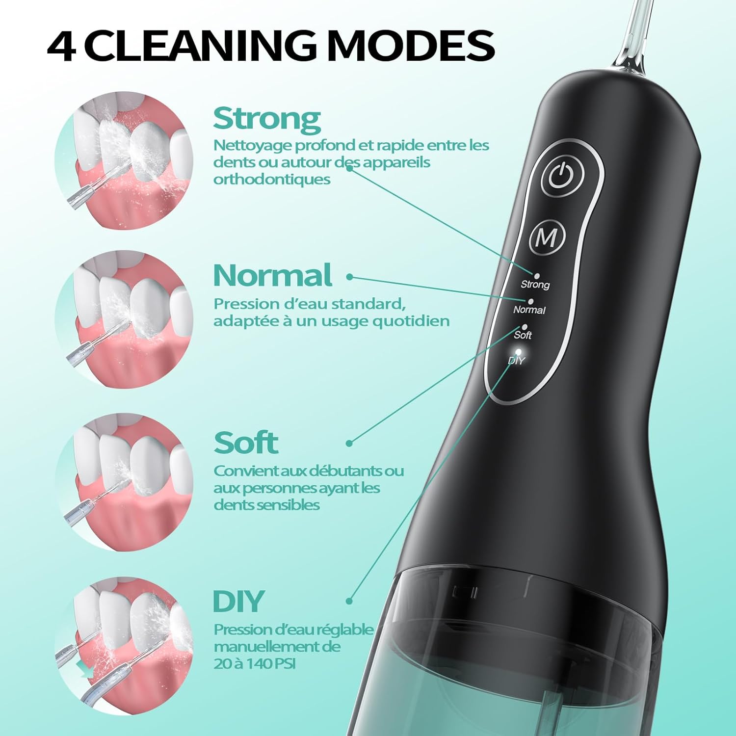 Detalle de OasiSmile Hydropulseur Jet Dentaire 300 ml avec 5 embouts et 4 modes – portable, IPX7, USB-C