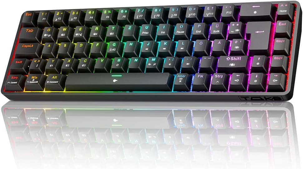 TMKB T68 Gaming-Tastatur (68 Tasten) – kabellos via Bluetooth/2.4G, mechanische Blue Clicky Switch, QWERTZ