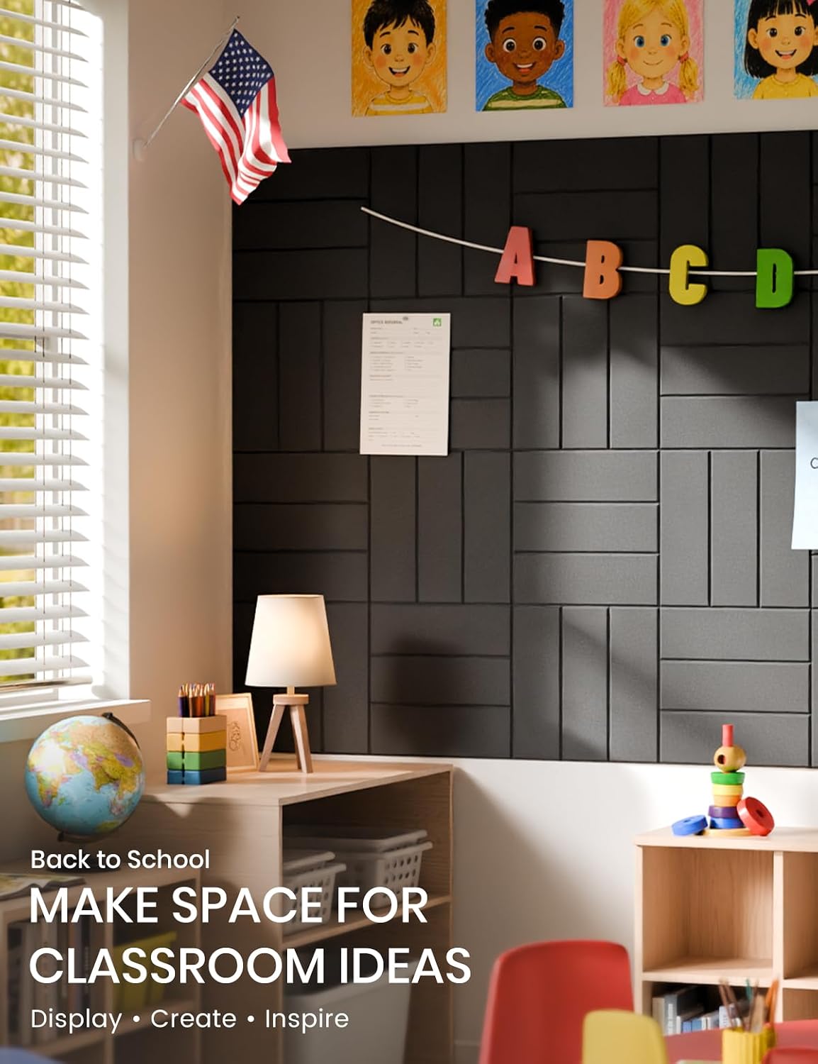 Thumbnail 4 de Fluxynara FZB-L-S-6-3L-BK Felt Bulletin Board Tiles, Black Bold Stripe, 6-Pack