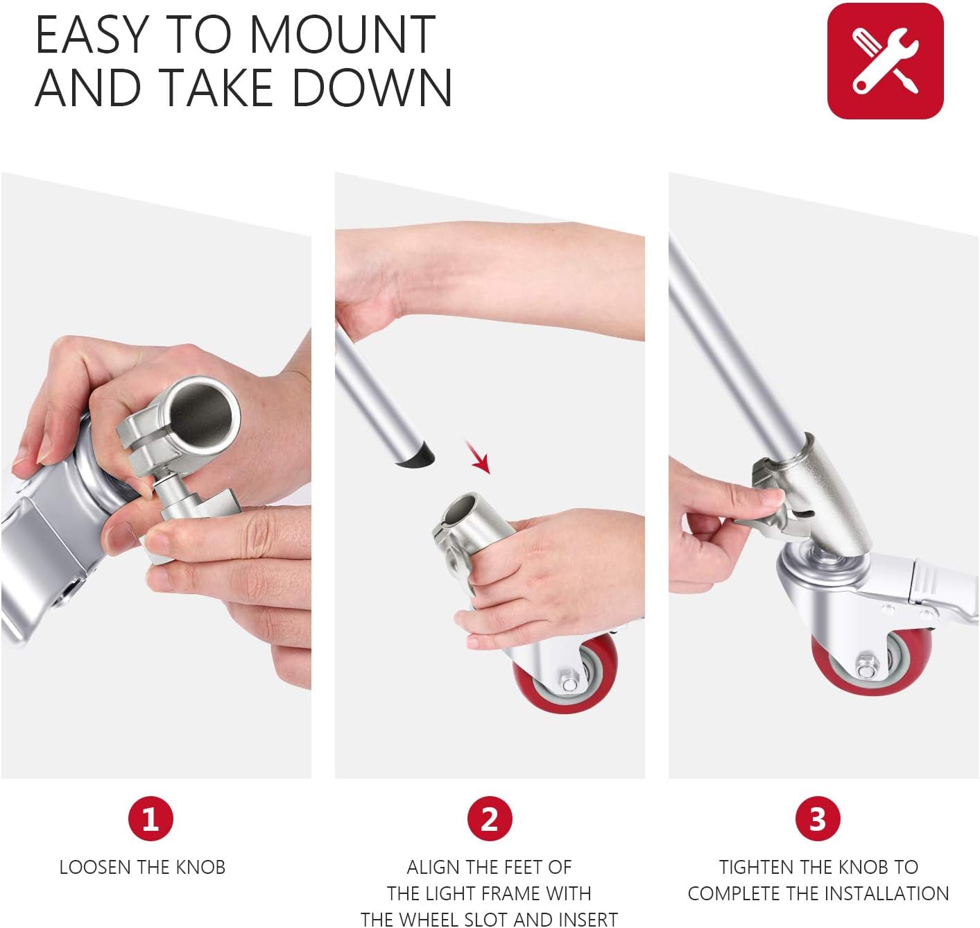 Thumbnail 4 de NEEWER 3-Pack Professional Swivel Caster Wheels (75mm) for NEEWER Photography C Stand in Silver