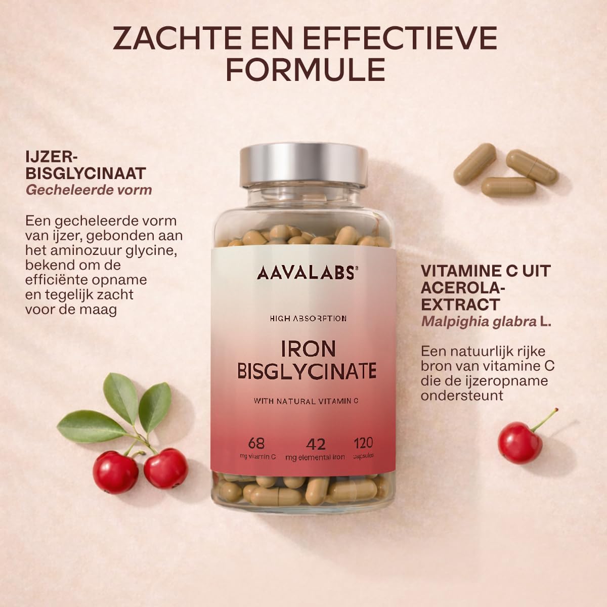 Detalle 2 de AAVALABS ijzercapsules met bisglycinaat, natuurlijke vitamine C en 42 mg ijzer