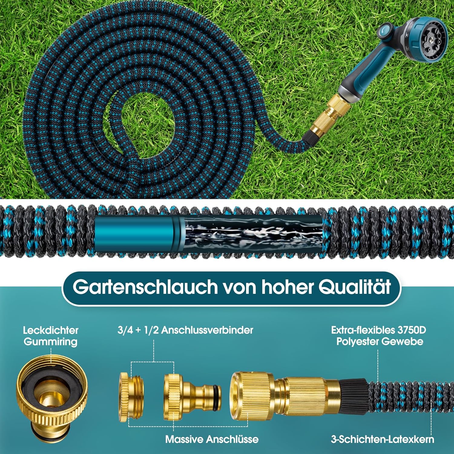 Thumbnail 4 de JUNEBOW® Gartenschlauch 30 m Flexibel Wasserschlauch mit 10-Funktionen-Sprühkopf
