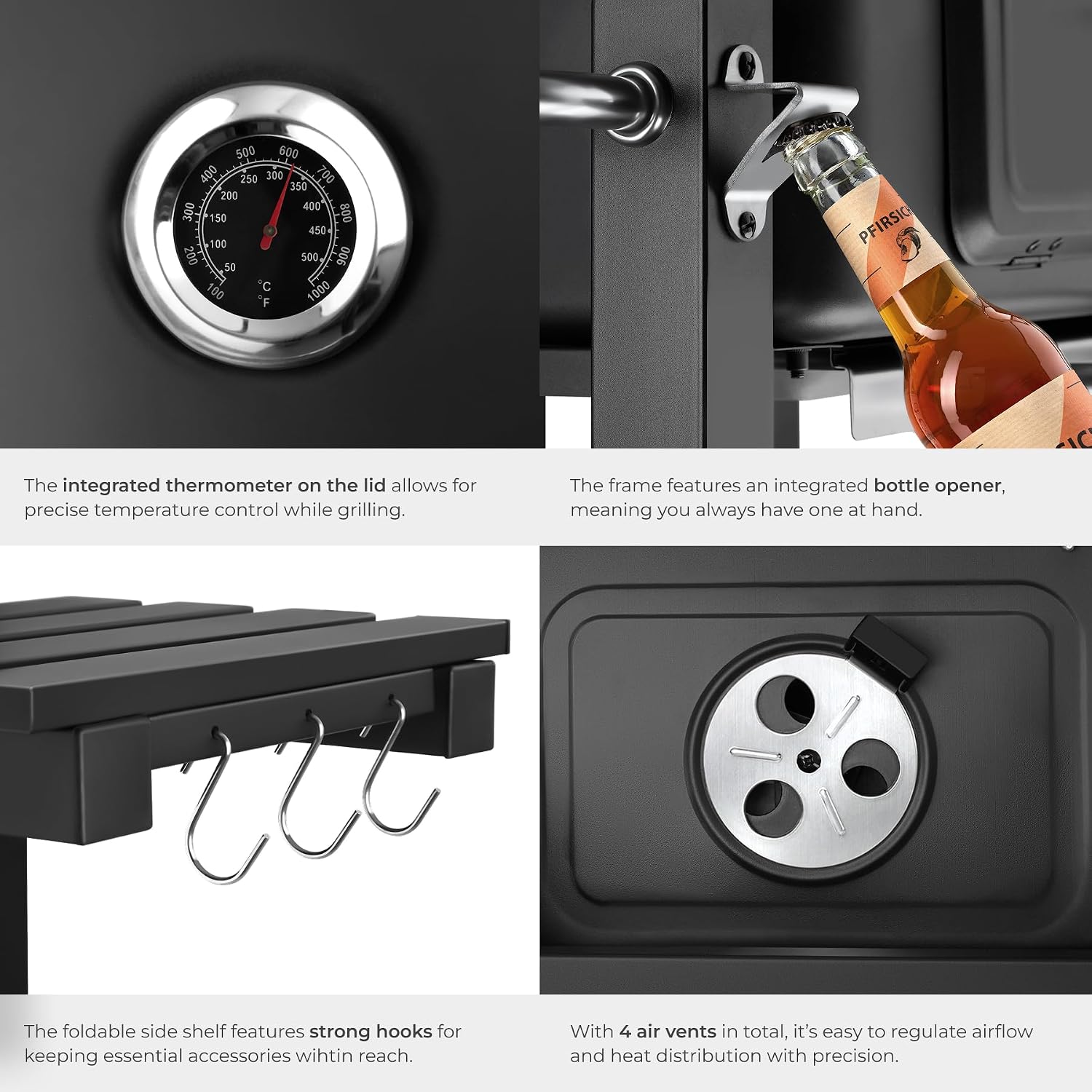Detalle 1 de tectake 406663 Florian kolgrill med termometer, värmeställ och justerbar kolbricka