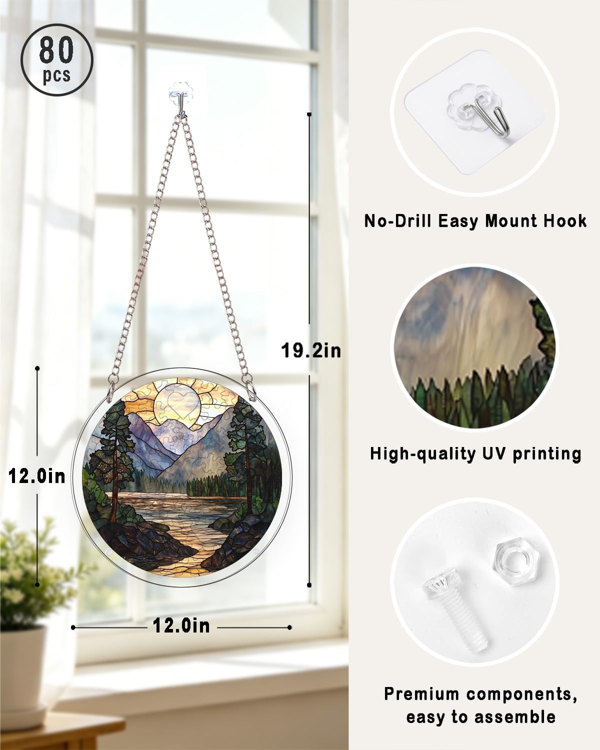 Detalle de HWRHTR 80-Piece Acrylic Suncatcher Puzzle, 12-Inch Sunset Mountains
