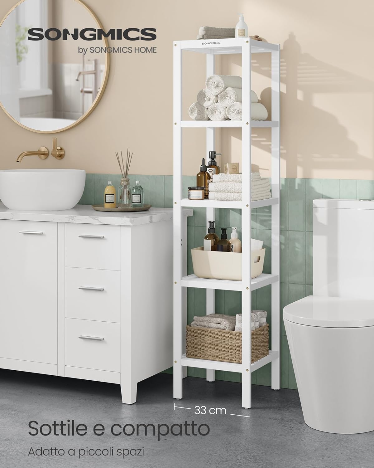 Thumbnail 3 de SONGMICS Scaffale da bagno in bambù bianco nuvola BCB055W01, stretto ad angolo con 5 ripiani