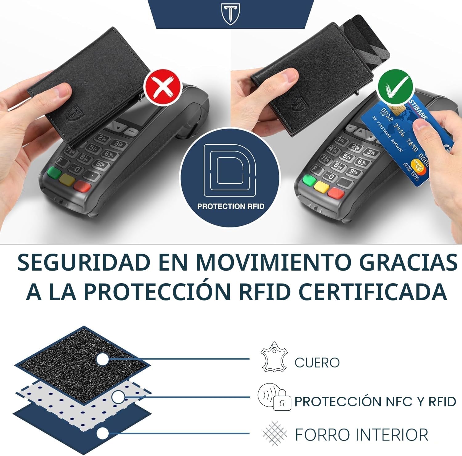 Detalle de TEEHON Cartera Hombre de Cuero con Bloqueo RFID y Tarjetero Emergent