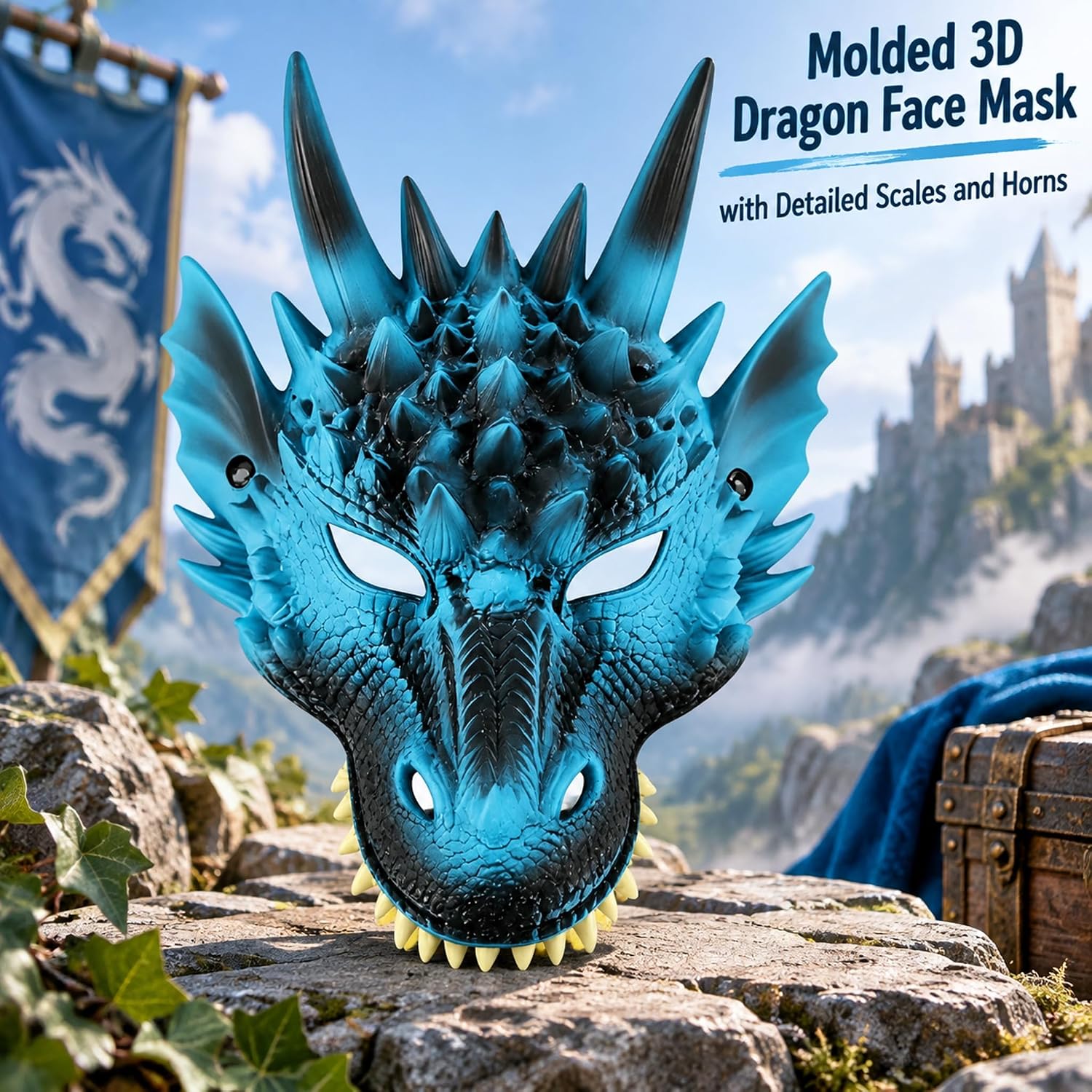 Detalle 2 de CRTEPST Dragon Costume for Kids, Ice Blue Mask, Wings and Tail