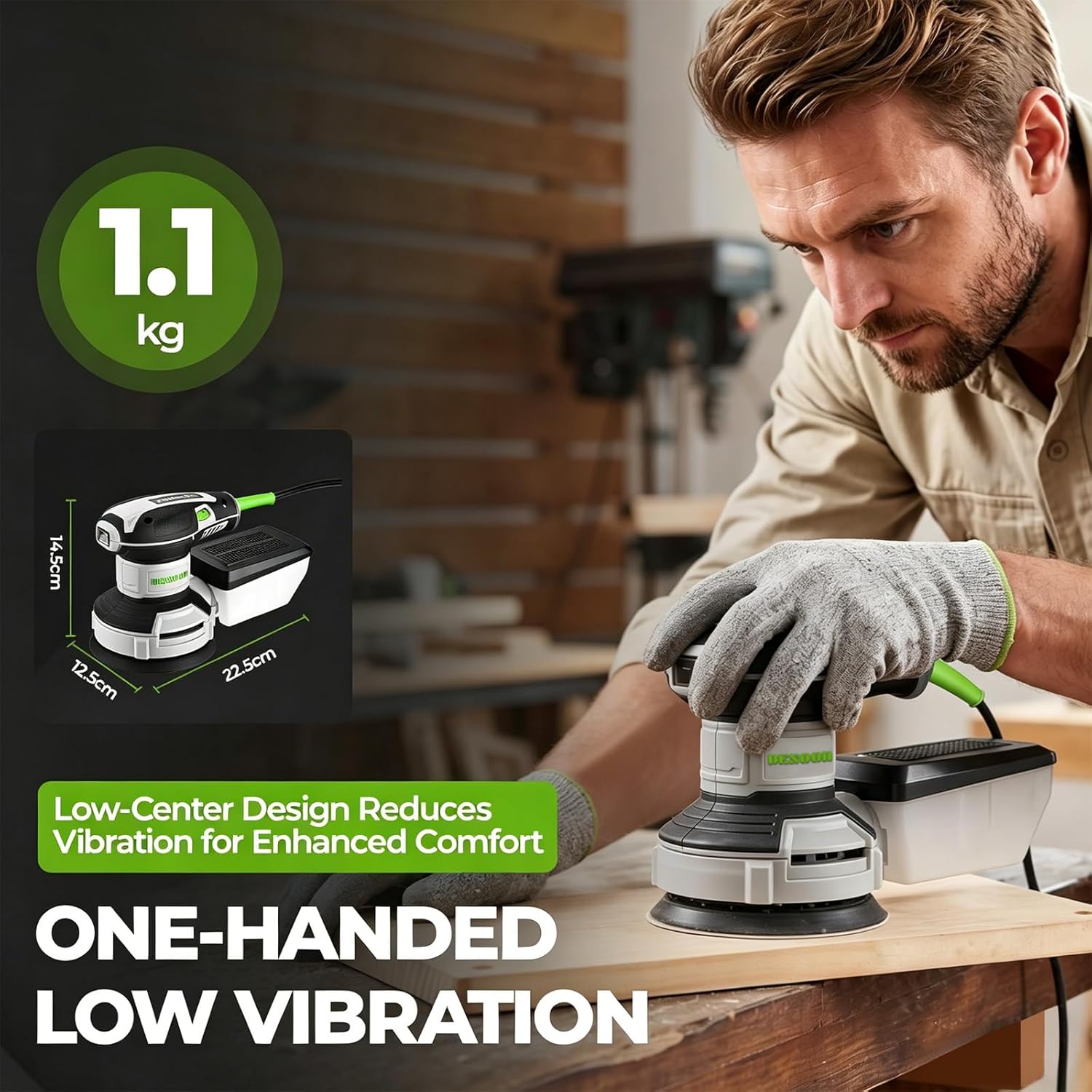 Thumbnail 6 de DESOON 300W Random Orbit Sander with 20 Pcs Sandpapers – 125mm, 6-Speed, Brake & Dust Extraction