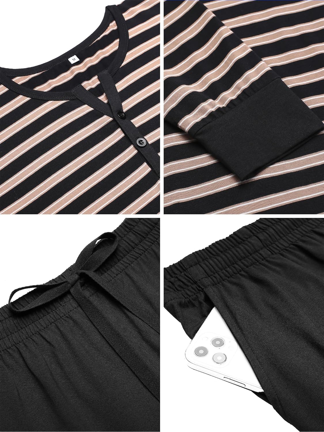 Thumbnail 4 de Winovia Herren Schlafanzug Langarm – Baumwolle Pyjama-Set mit Streifen und Knopfleiste
