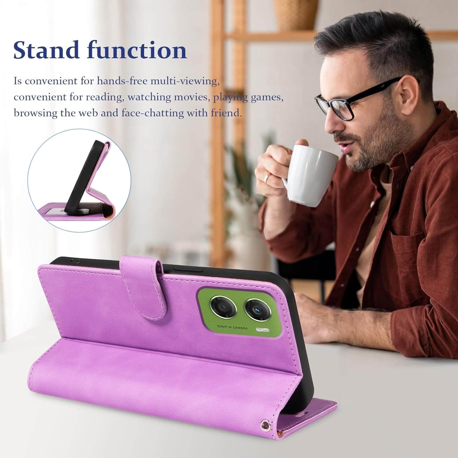 Detalle de GOTOURED Leather Wallet Case for Motorola G06 / G06 Power with RFID Blocking, 4 Card Slots, Wrist Strap and Kickstand (Purple)
