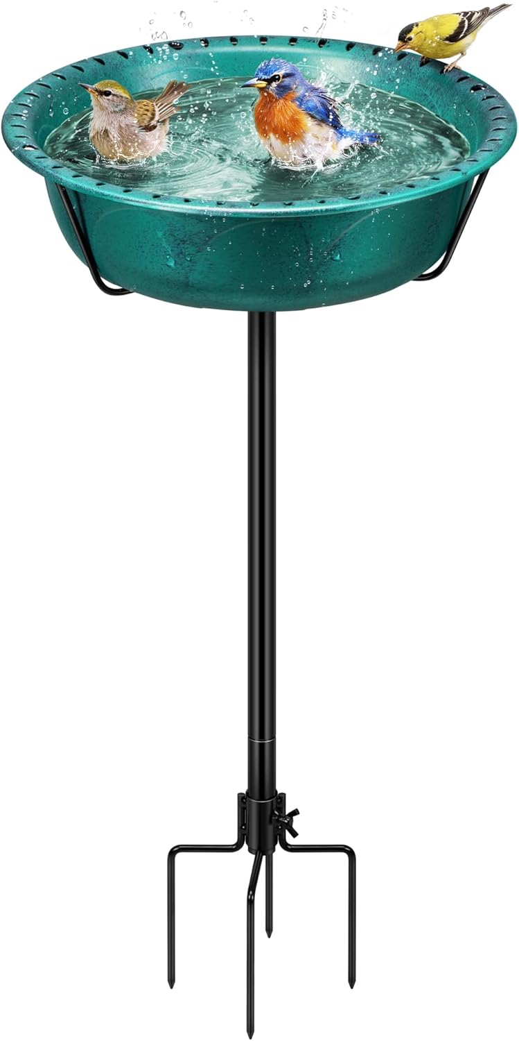VIVOHOME 35In Metal Bird Bath – Vintage Green Freestanding Garden Bath with 4‑Pronged Base and Removable Feeder Bowl