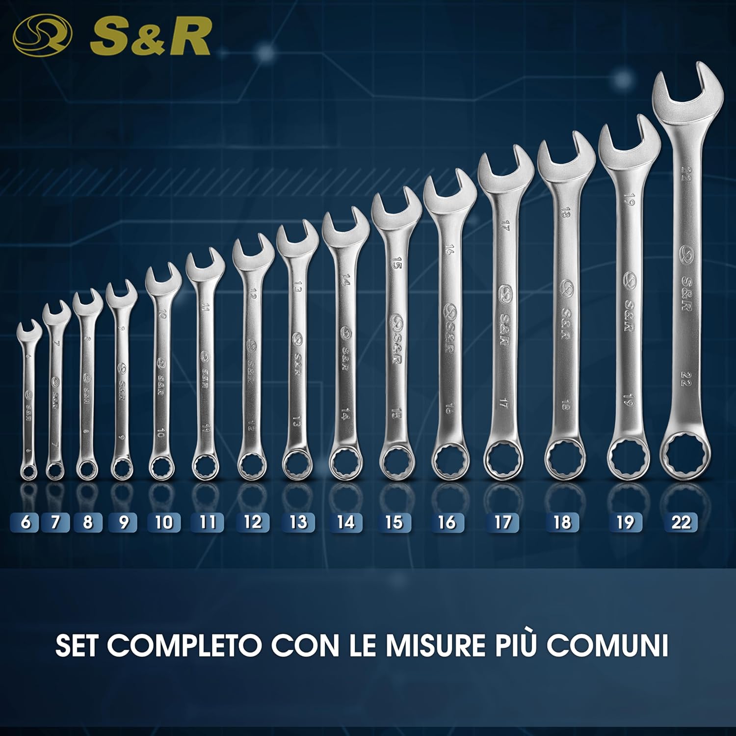 Thumbnail 1 de S&R Set 15 Chiavi Inglesi Combinate Anello e Forchetta 6–22 mm: qualità industriale per uso professionale
