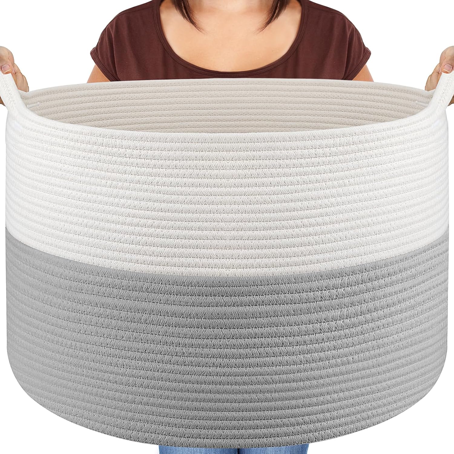 Maliton Laundry Basket (Large, 55x35cm, 68L) Foldable Rope Woven Hamper in White & Grey