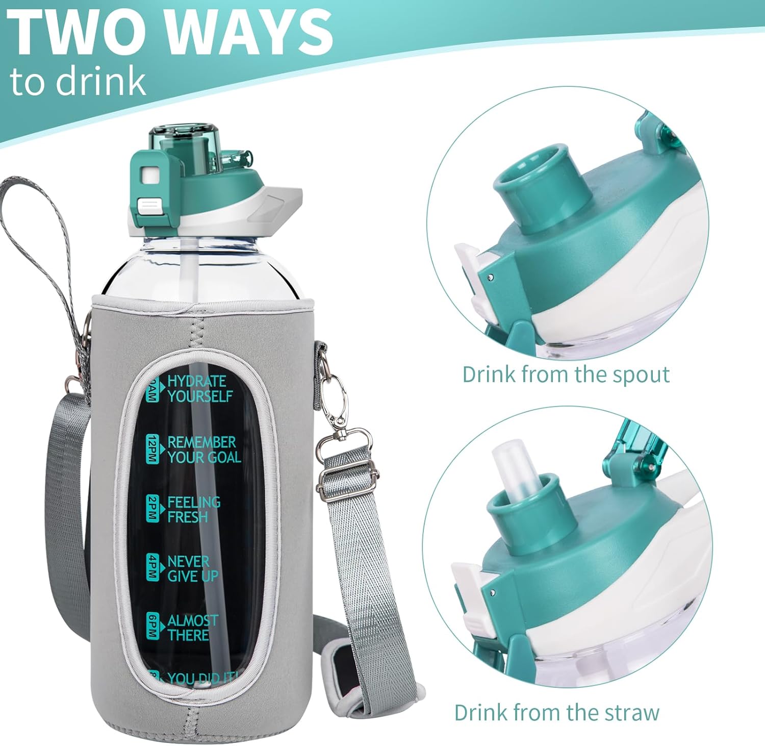 Thumbnail 4 de Seekua 2 Litre Large Glass Water Bottle with Straw & Time Markings – BPA Free & Leakproof